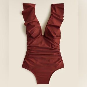 J. Crew Brown Ruffle V-Neck One-Piece Swimsuit sz 12